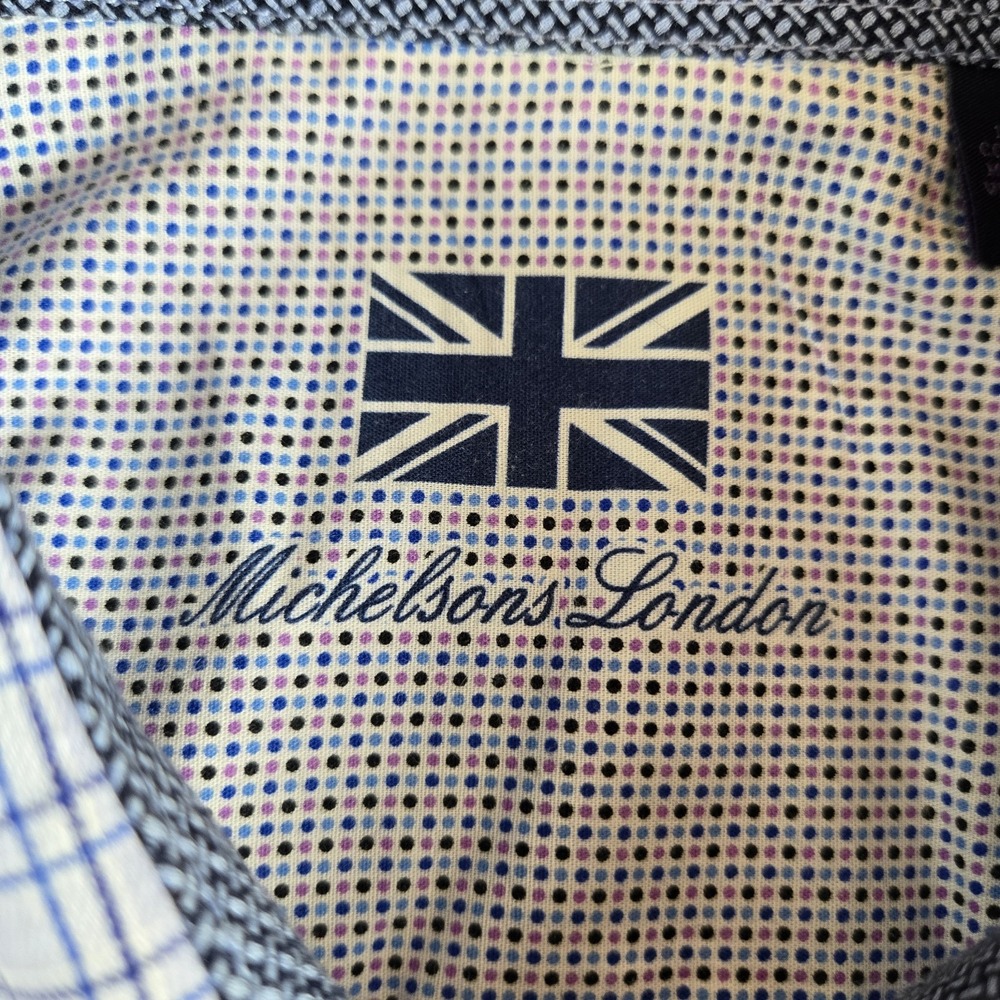 Michelsons London Short Mens Large Blue Checkered Long Sleeve Flip Cuff Career - Picture 9 of 11